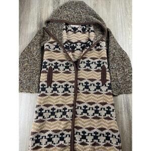 Vintage Elegance by Rochelle Hooded Southwest Wool Robe Sweater Aztec Tweed